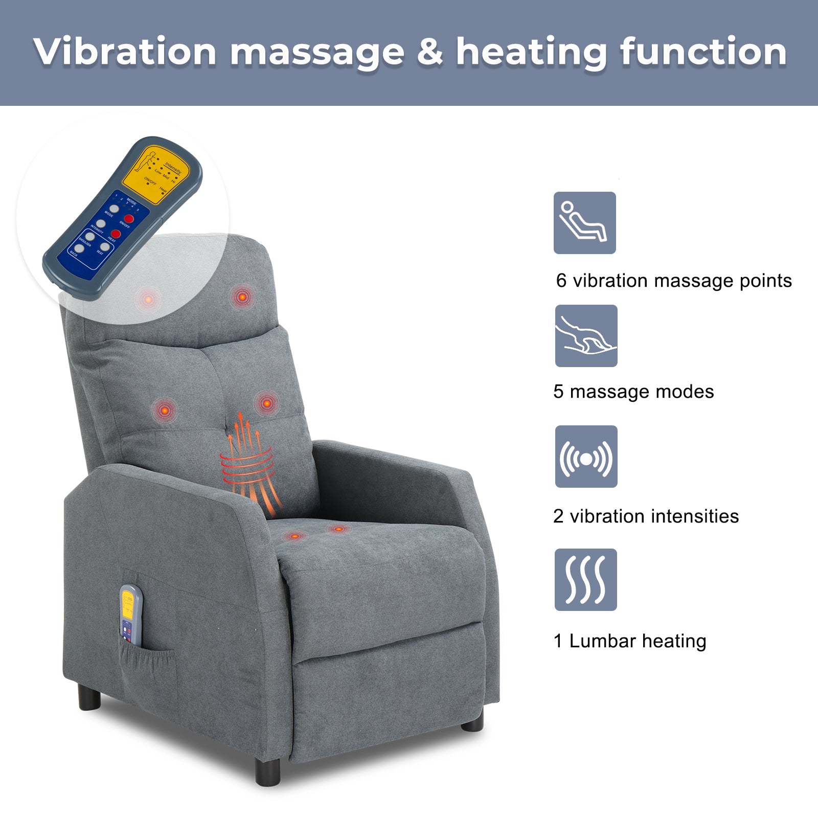 Fabric With 6-Point Massage Heating Function Recliner Light Gray